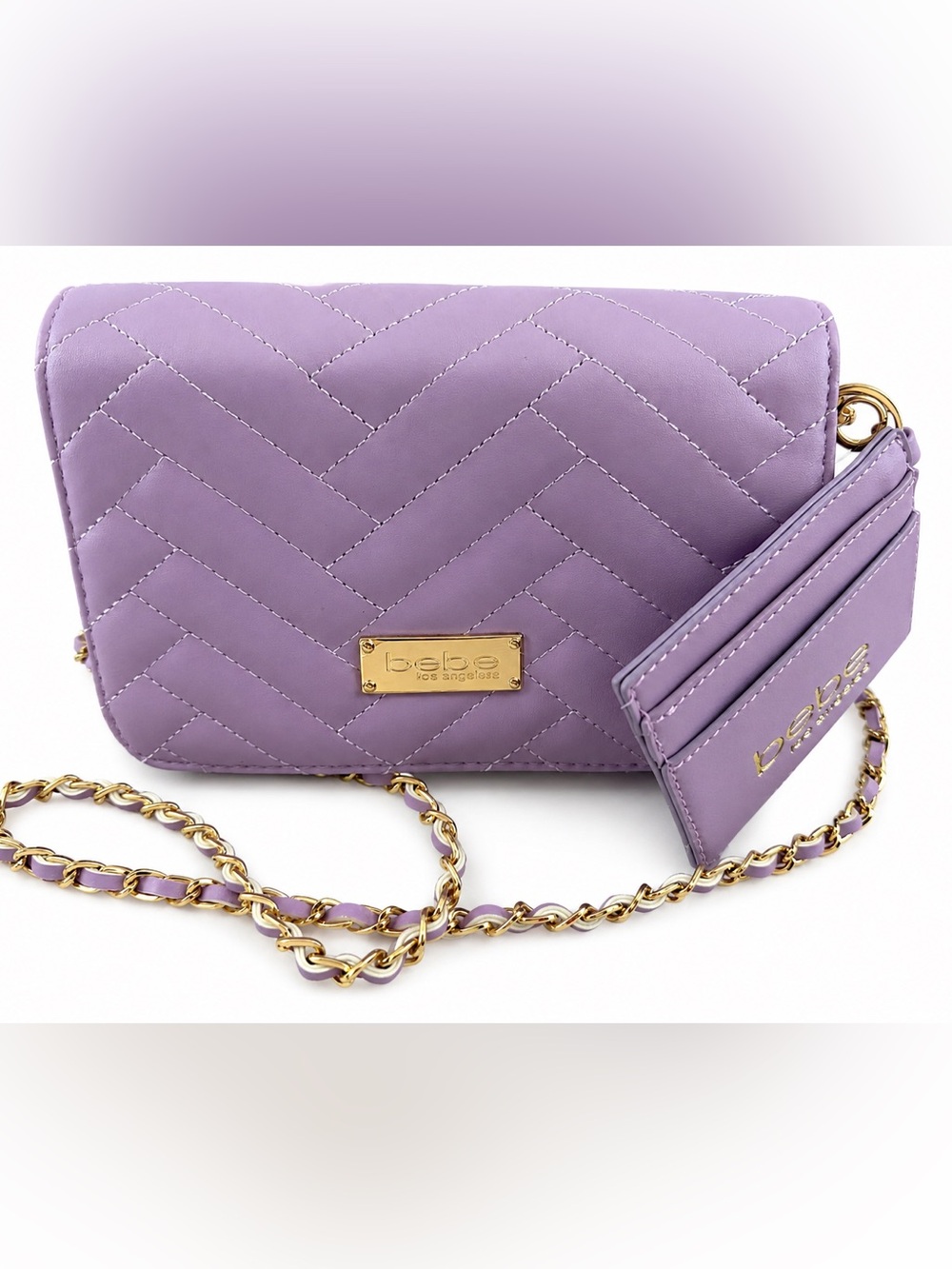 bebe Quilted Lavender Crossbody with Gold Chain Detail
